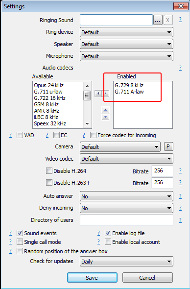 MicroSIP: Codecs configuration